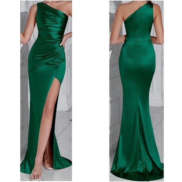 Luxe One Shoulder Champagne Slit Thigh Ruched Bodycon Prom Evening Wedding Dress - Picture 2 of 7